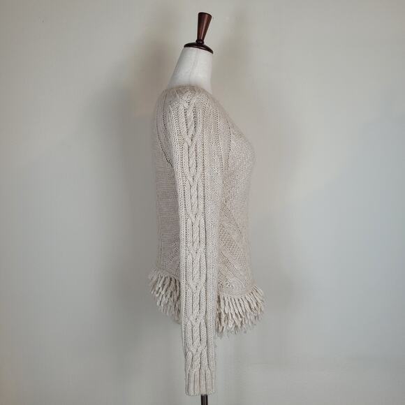 Banana Republic Sweater Small Tan Cable Knit Fringe Western Boho Wool Alpaca - Picture 4 of 10